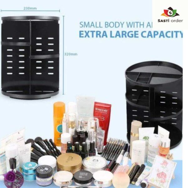Jewelry box with 360-degree rotation, featuring multiple compartments for organized jewelry and makeup storage.