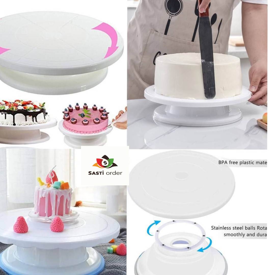 Cake turntable with a non-slip base, designed for smooth 360-degree rotation for easy cake decorating.