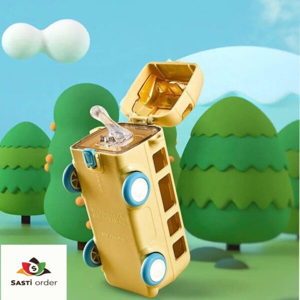 Baby bus shape children water cup with ergonomic handles and a colorful, playful design for kids.