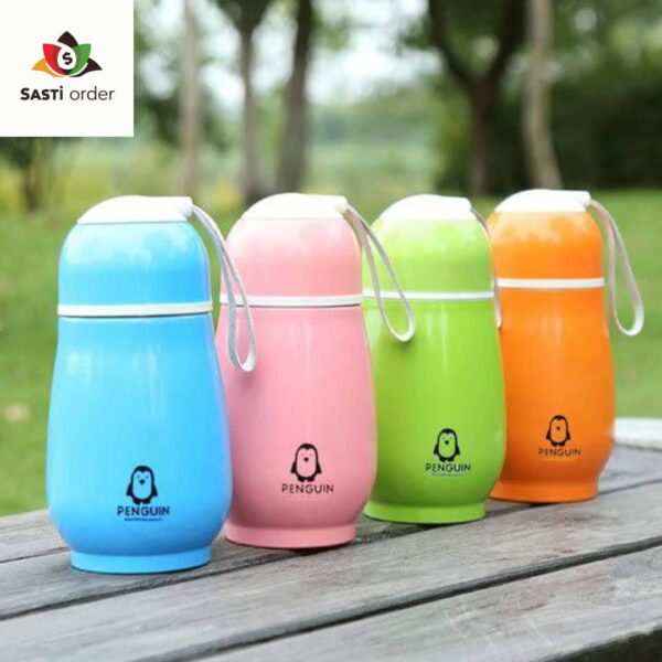 "Penguin Thermos Water Bottle with double-wall insulation and a cute penguin design for keeping beverages hot or cold."