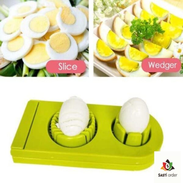 "2 in 1 egg slicer designed to effortlessly cut hard-boiled eggs into uniform slices and wedges, featuring a durable design and ergonomic grip for easy use."