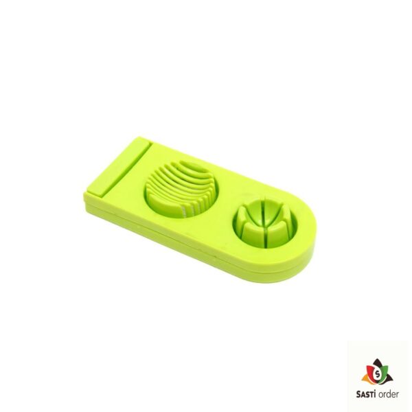 "2 in 1 egg slicer designed to effortlessly cut hard-boiled eggs into uniform slices and wedges, featuring a durable design and ergonomic grip for easy use."