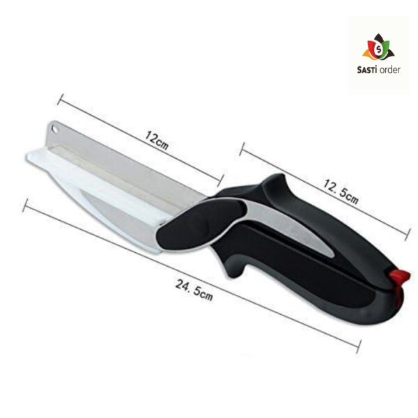 "Clever Cutter 2-in-1 kitchen tool featuring a sharp stainless steel blade and built-in cutting board, designed for easy slicing and dicing of fruits, vegetables, and meats."