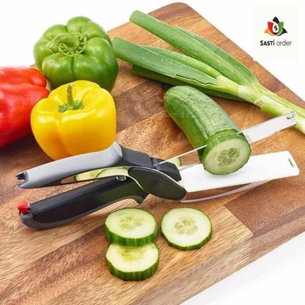 "Clever Cutter 2-in-1 kitchen tool featuring a sharp stainless steel blade and built-in cutting board, designed for easy slicing and dicing of fruits, vegetables, and meats."