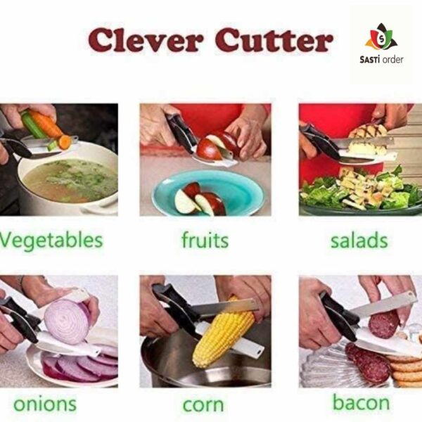 "Clever Cutter 2-in-1 kitchen tool featuring a sharp stainless steel blade and built-in cutting board, designed for easy slicing and dicing of fruits, vegetables, and meats."