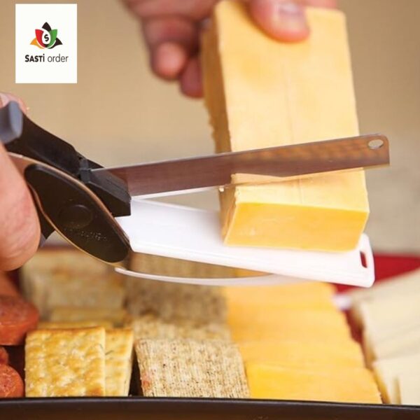 "Clever Cutter 2-in-1 kitchen tool featuring a sharp stainless steel blade and built-in cutting board, designed for easy slicing and dicing of fruits, vegetables, and meats."