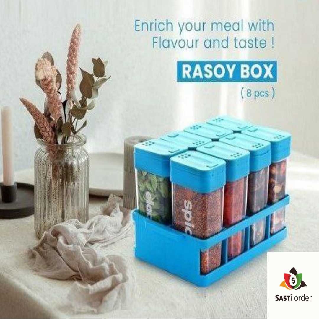 "8-piece plastic kitchen airtight rasoi box set for spice and dry ingredient storage"