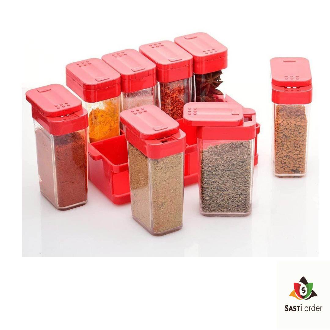 "8-piece plastic kitchen airtight rasoi box set for spice and dry ingredient storage"