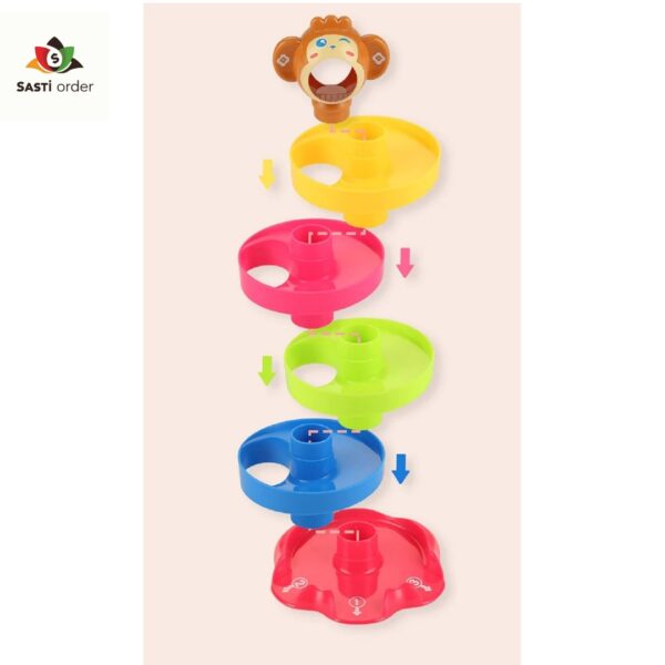"Colorful Roll N Ball Toy with multi-level tracks and rolling balls for children's play and skill development."
