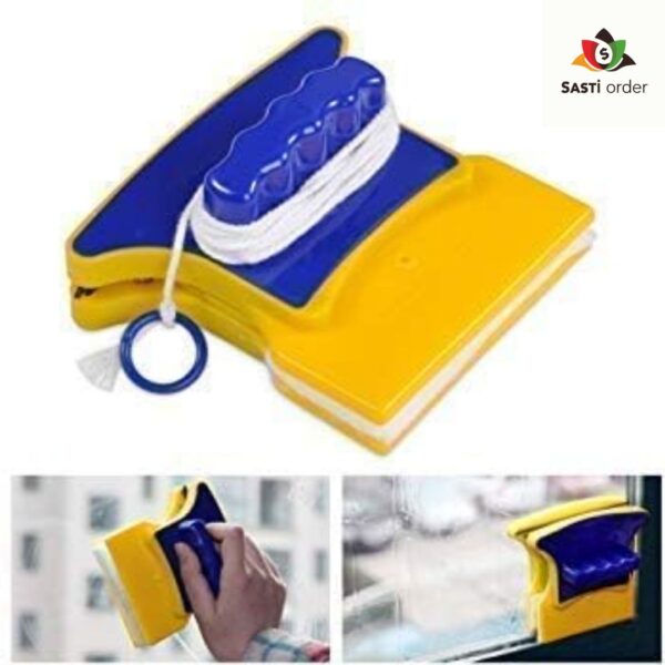 "Magnetic window glass cleaner featuring dual cleaning pads for simultaneous cleaning of both sides of windows, designed for easy use and streak-free results."