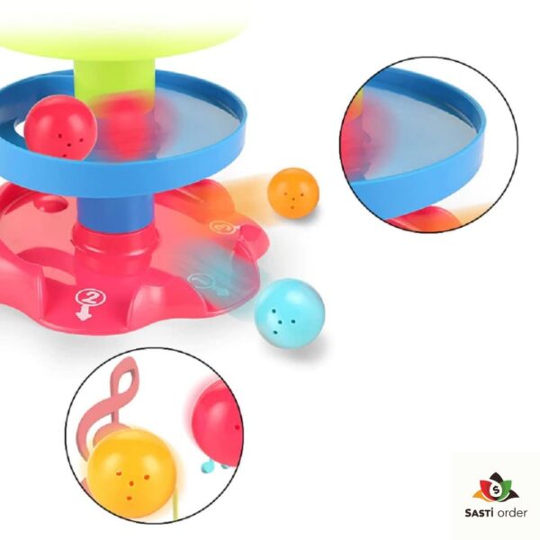 "Colorful Roll N Ball Toy with multi-level tracks and rolling balls for children's play and skill development."