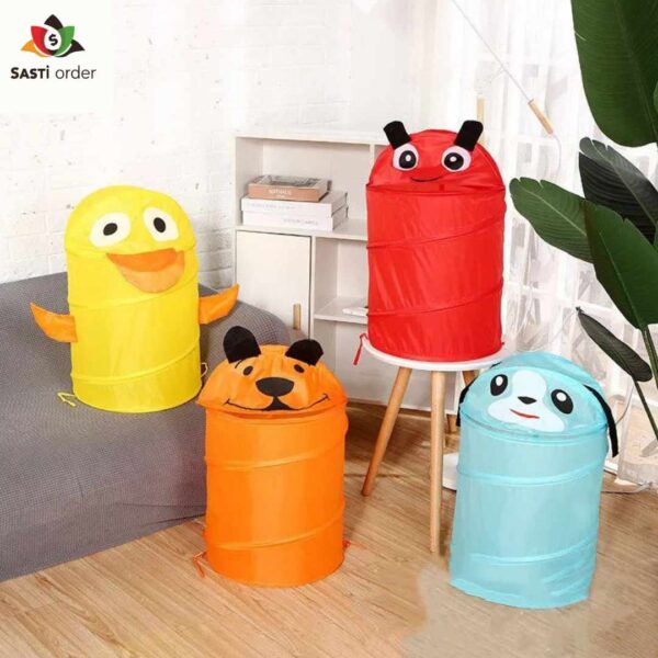 "Colorful pop-up cartoon laundry hamper featuring playful characters, designed to make laundry time fun for kids while providing a durable and collapsible storage solution."