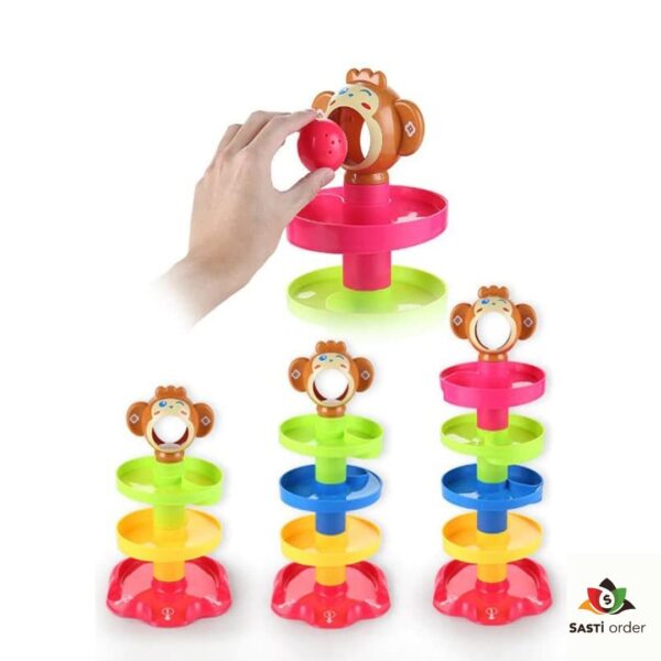 "Colorful Roll N Ball Toy with multi-level tracks and rolling balls for children's play and skill development."