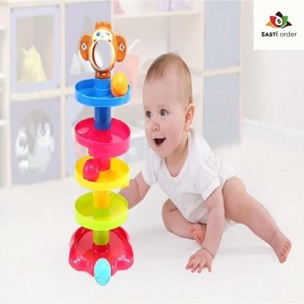 "Colorful Roll N Ball Toy with multi-level tracks and rolling balls for children's play and skill development."