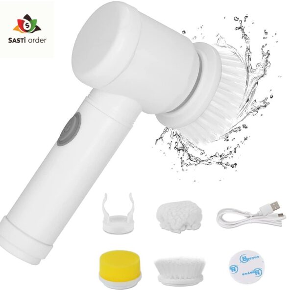 "5 in 1 Magic Brush featuring multiple interchangeable heads for versatile cleaning tasks, including scrubbing, wiping, and reaching tight spaces."