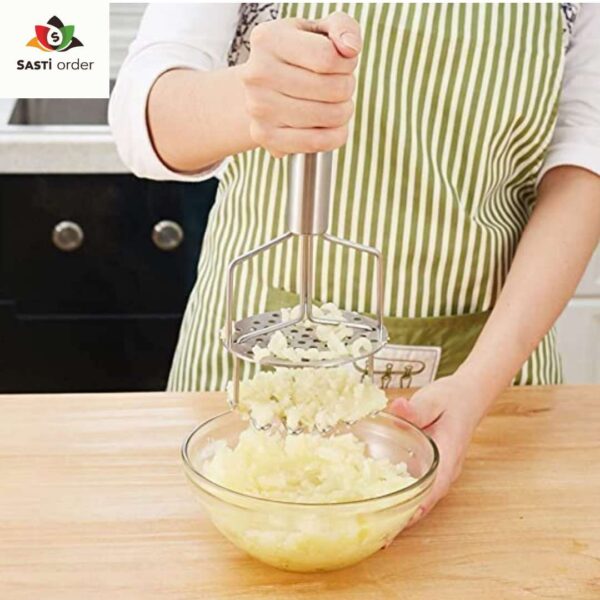 "Double Layer Potato Masher with stainless steel double mashing plates and ergonomic handle for easy vegetable and potato mashing."