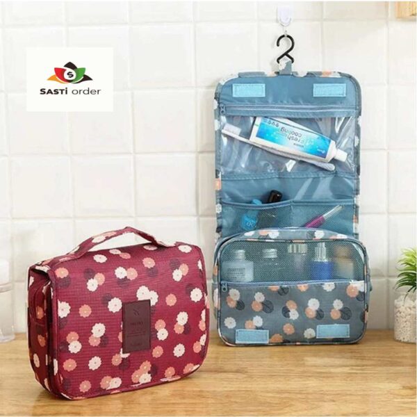 Hook-Up Cosmetic Bag with multiple compartments, a convenient hanging hook, and water-resistant material for organizing beauty essentials.