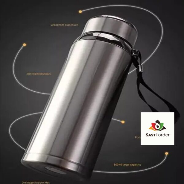 "Sports Vacuum Insulated Stainless Steel Water Bottle with a wide mouth opening and leak-proof lid, designed to keep drinks cold for 24 hours and hot for 12 hours."