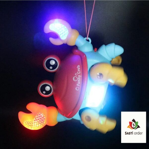 Funny electric crab toy with colorful leash, vibrant lighting, and playful music, designed for interactive play and entertainment.