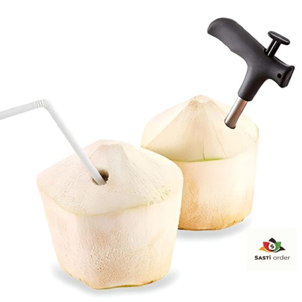 Coconut Opener with ergonomic handle and stainless steel blade, designed to easily open fresh coconuts.