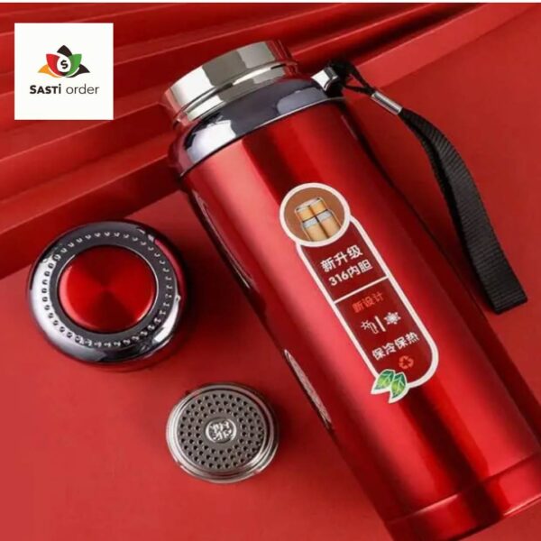 "Sports Vacuum Insulated Stainless Steel Water Bottle with a wide mouth opening and leak-proof lid, designed to keep drinks cold for 24 hours and hot for 12 hours."