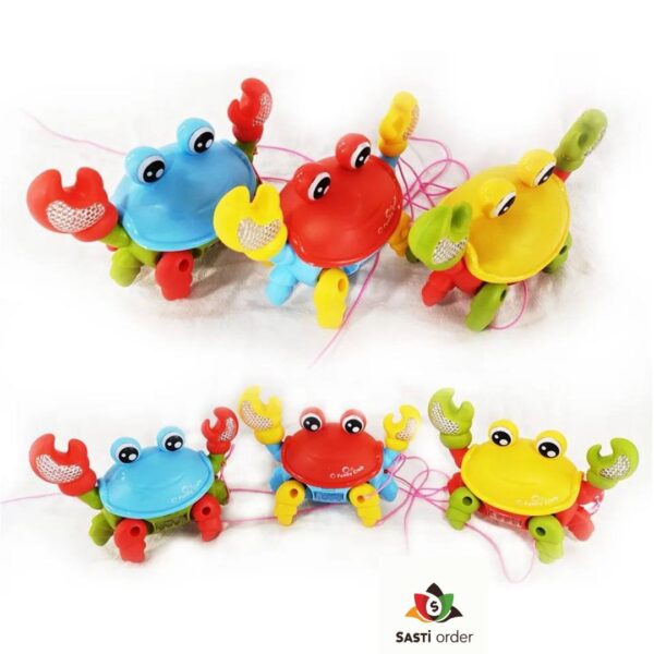 Funny electric crab toy with colorful leash, vibrant lighting, and playful music, designed for interactive play and entertainment.