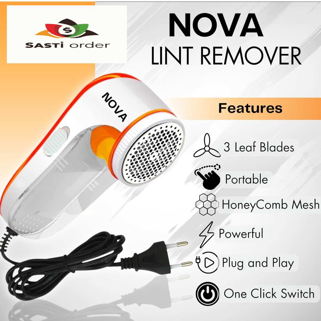 "Nova Lint Remover for Clothes, an effective fabric shaver designed to remove lint, fuzz, and pilling from clothing and upholstery."