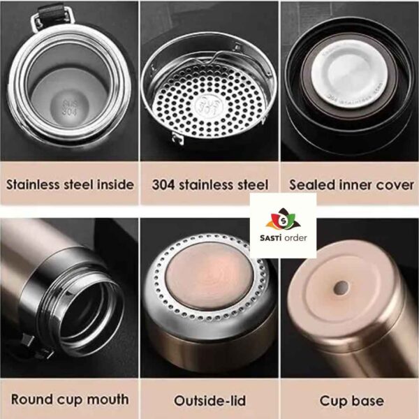 "Sports Vacuum Insulated Stainless Steel Water Bottle with a wide mouth opening and leak-proof lid, designed to keep drinks cold for 24 hours and hot for 12 hours."