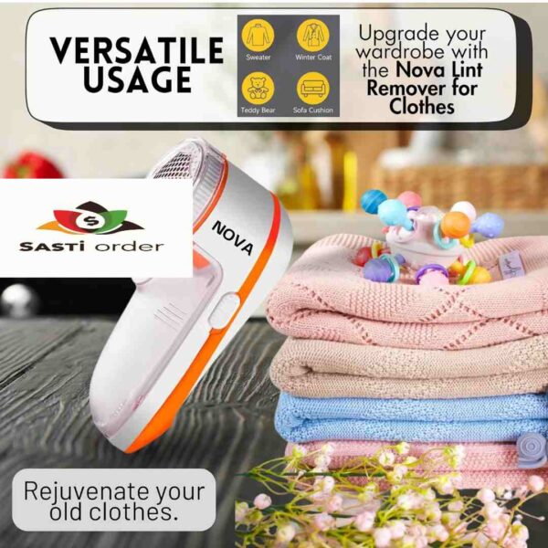 "Nova Lint Remover for Clothes, an effective fabric shaver designed to remove lint, fuzz, and pilling from clothing and upholstery."