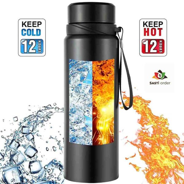 "Sports Vacuum Insulated Stainless Steel Water Bottle with a wide mouth opening and leak-proof lid, designed to keep drinks cold for 24 hours and hot for 12 hours."
