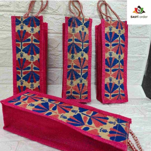 "Heavy Quality Embroidery Handheld Jute Bag featuring intricate designs, ideal for carrying water bottles and daily essentials."