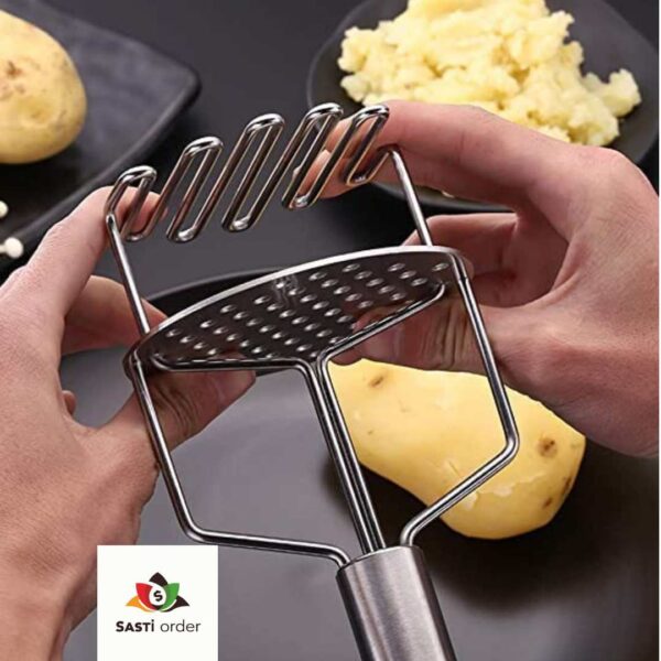 "Double Layer Potato Masher with stainless steel double mashing plates and ergonomic handle for easy vegetable and potato mashing."
