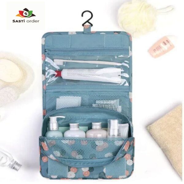 Hook-Up Cosmetic Bag with multiple compartments, a convenient hanging hook, and water-resistant material for organizing beauty essentials.
