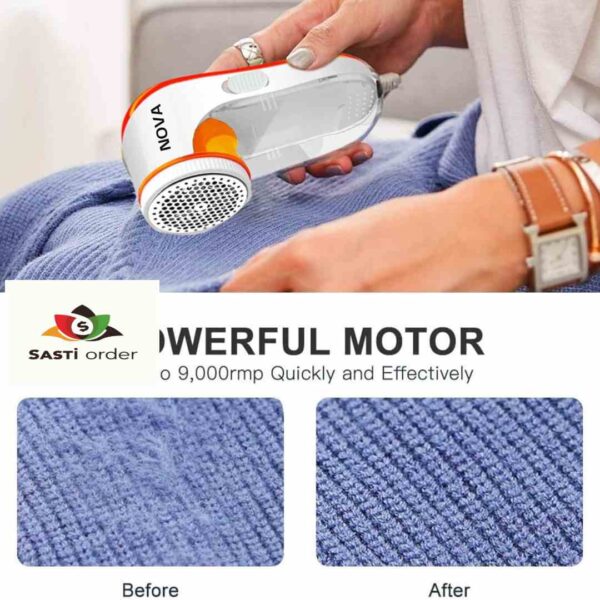 "Nova Lint Remover for Clothes, an effective fabric shaver designed to remove lint, fuzz, and pilling from clothing and upholstery."