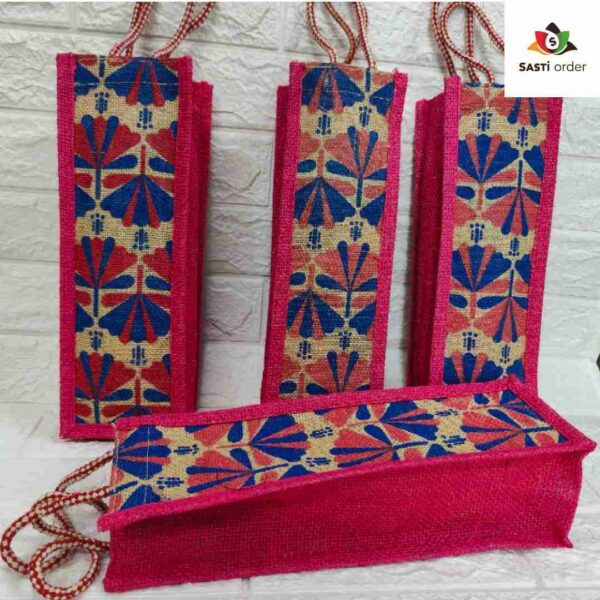 "Heavy Quality Embroidery Handheld Jute Bag featuring intricate designs, ideal for carrying water bottles and daily essentials."