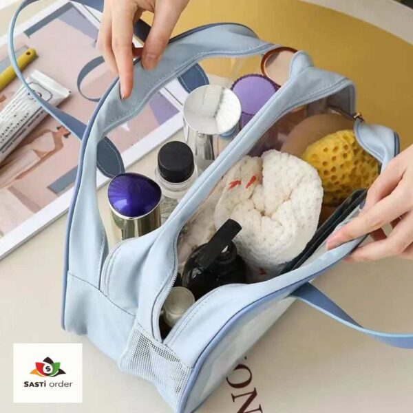 Transparent Cosmetic Mini Travel Toiletry Bag with compartments for organizing cosmetics and toiletries.