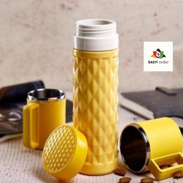 "Refreshing 3 pc Insulated Flask and Mug Set featuring a stainless steel flask and two matching mugs, designed to keep beverages hot or cold for hours."