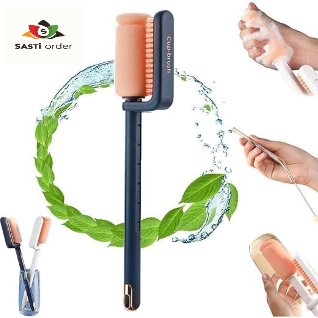 "Rotary Double Head Design Telescopic Cup Brush with extendable handle and dual rotating heads for efficient bottle and cup cleaning."