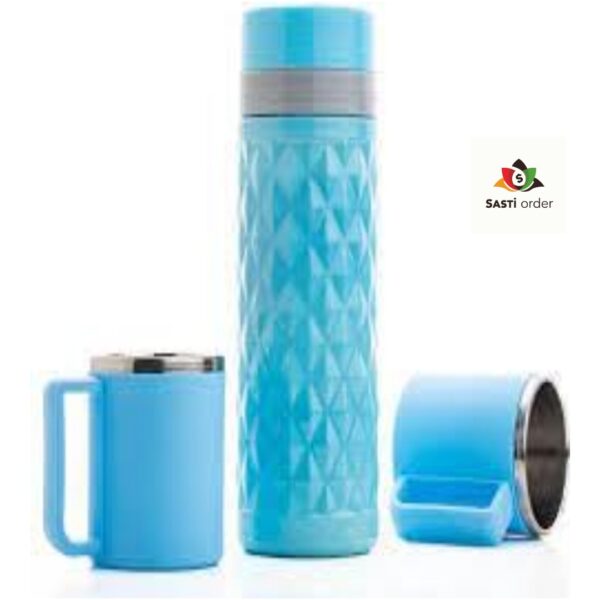 "Refreshing 3 pc Insulated Flask and Mug Set featuring a stainless steel flask and two matching mugs, designed to keep beverages hot or cold for hours."