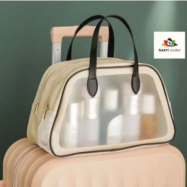 Transparent Cosmetic Mini Travel Toiletry Bag with compartments for organizing cosmetics and toiletries.