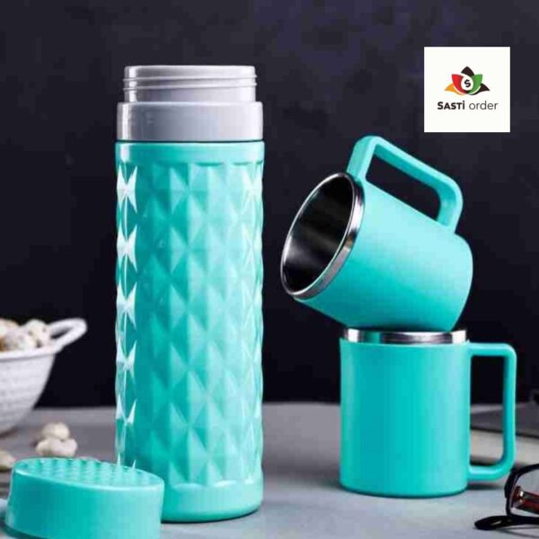 "Refreshing 3 pc Insulated Flask and Mug Set featuring a stainless steel flask and two matching mugs, designed to keep beverages hot or cold for hours."