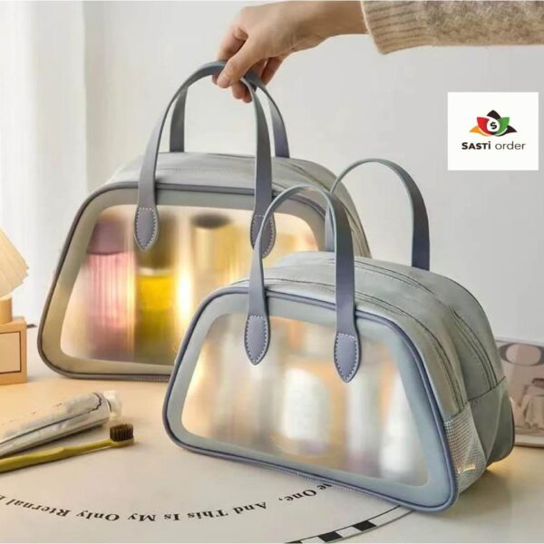 Transparent Cosmetic Mini Travel Toiletry Bag with compartments for organizing cosmetics and toiletries.