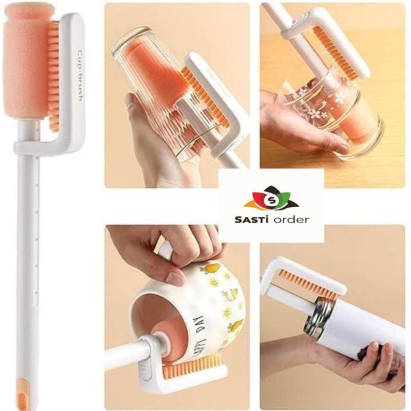 "Rotary Double Head Design Telescopic Cup Brush with extendable handle and dual rotating heads for efficient bottle and cup cleaning."