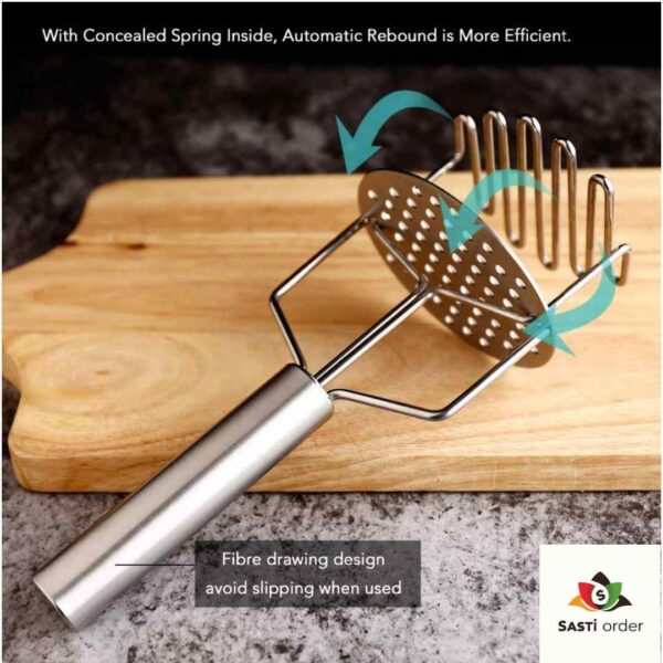 "Double Layer Potato Masher with stainless steel double mashing plates and ergonomic handle for easy vegetable and potato mashing."