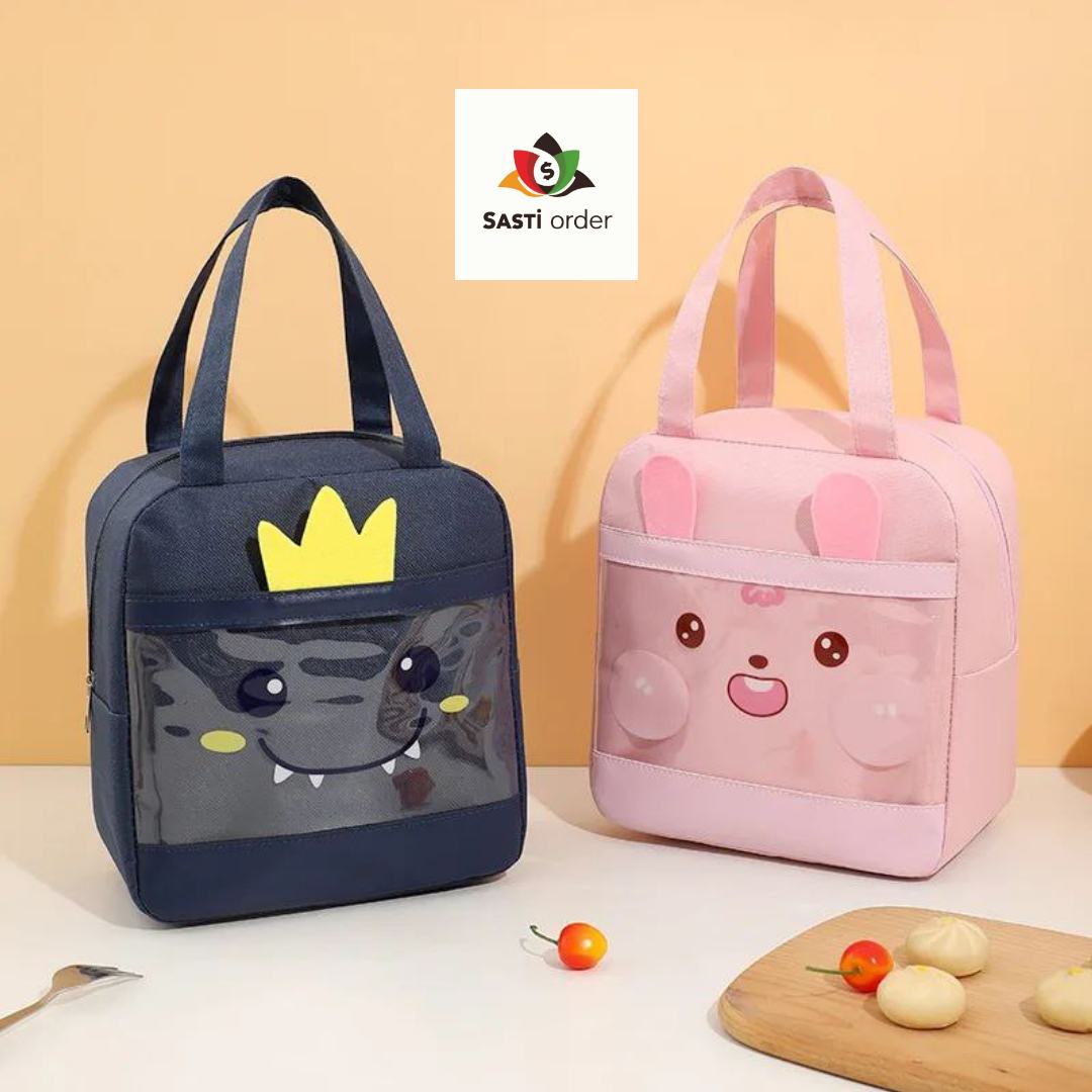 Transparent lunchbox bag with a cute deer cartoon design, featuring durable material and convenient handles, perfect for carrying meals.