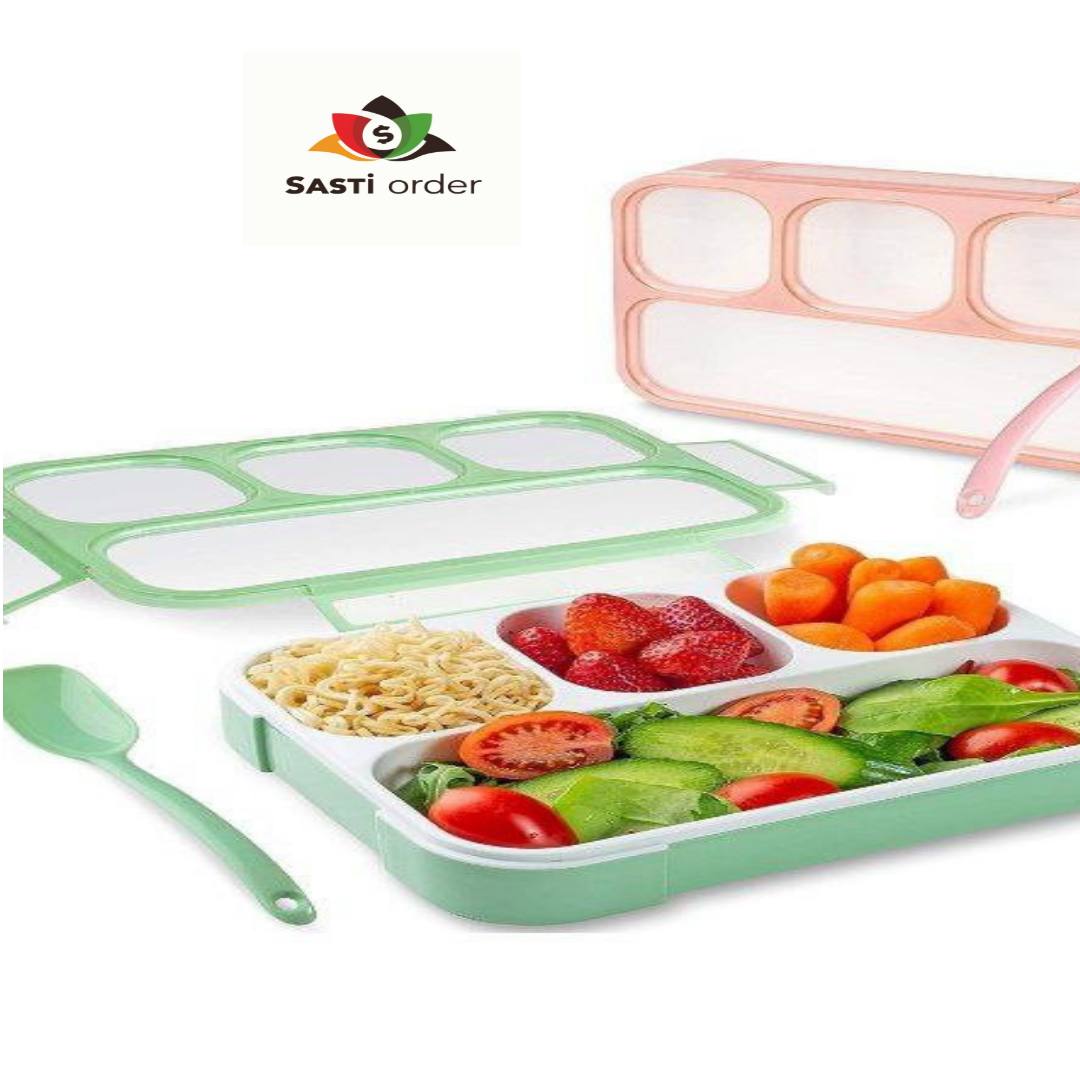 "Leak Proof 4 Compartment Lunch Box with secure lid and separate sections for packing different food items."