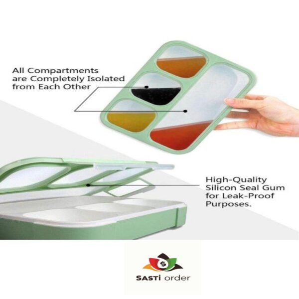 "Leak Proof 4 Compartment Lunch Box with secure lid and separate sections for packing different food items."