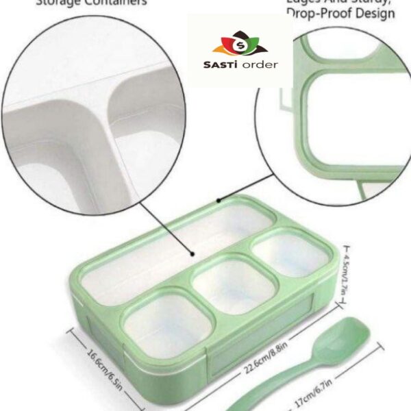 "Leak Proof 4 Compartment Lunch Box with secure lid and separate sections for packing different food items."