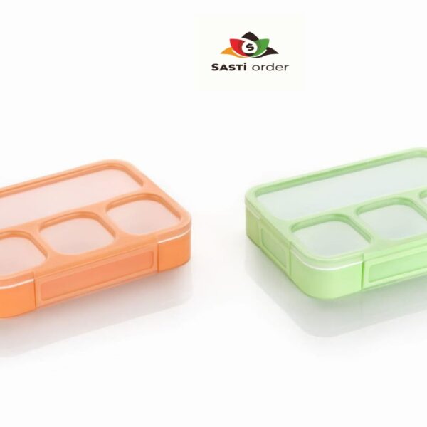 "Leak Proof 4 Compartment Lunch Box with secure lid and separate sections for packing different food items."