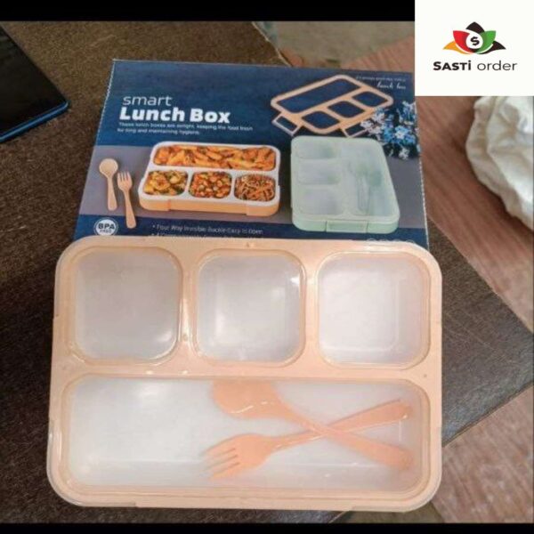 "Leak Proof 4 Compartment Lunch Box with secure lid and separate sections for packing different food items."